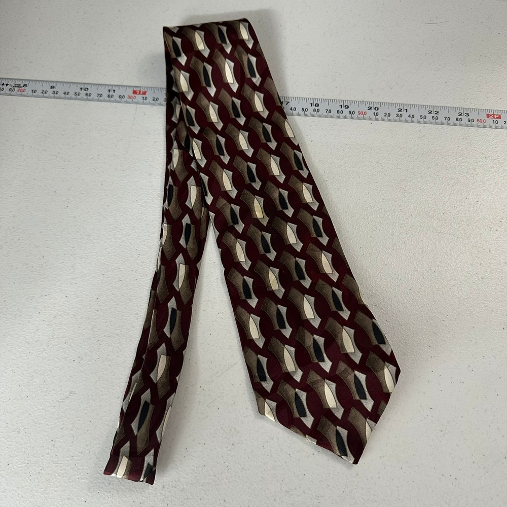 Mens Silk Necktie Burgundy Geometric Abstract Pattern Made in USA Vintage